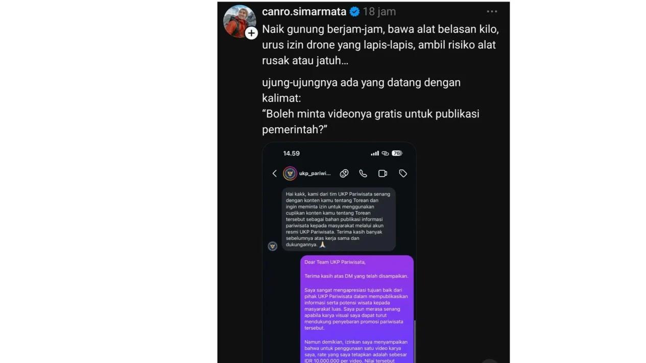 Tim UKP Bidang Pariwisata Minta Izin Penggunaan Video, Respons Tegas Kreator Jadi Sorotan